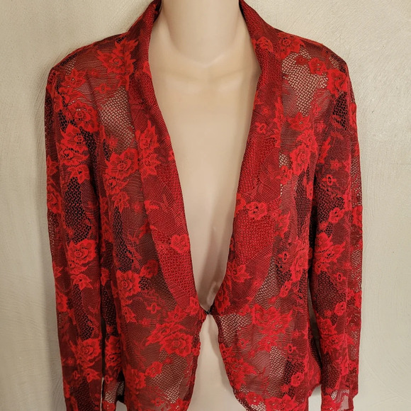 Annalee+Hope Red Black Lace Open Front Cardigan Blazer Style Size Women's Medium - Picture 3 of 6